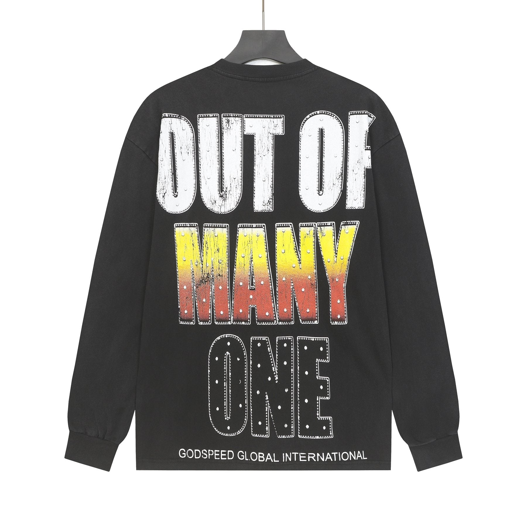 Godspeed Out of Many One Washed Black Long-Sleeve Graphic T-Shirt — back
