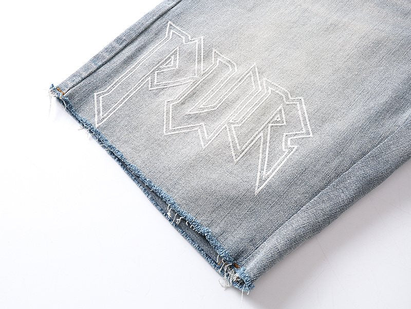 Purple Brand Light Blue Raw Hem Graphic Denim Shorts — detail