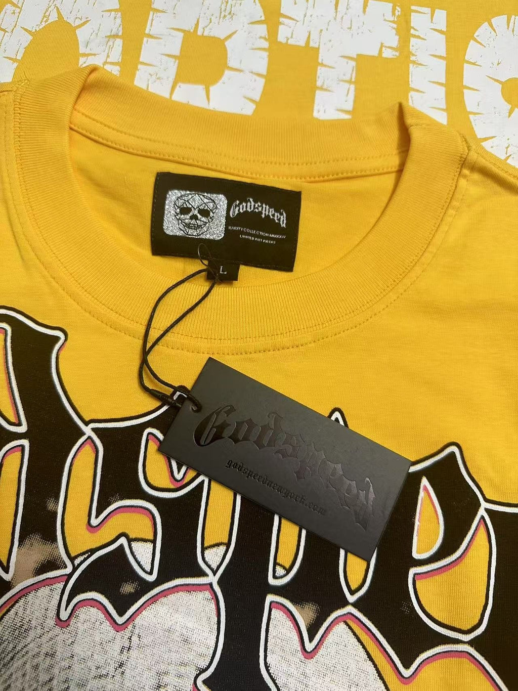 Godspeed Yellow Masked Figure Graphic T-Shirt — neck_label