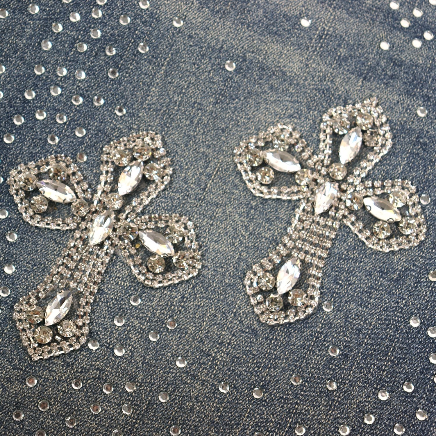 PURPLE Rhinestone Bow Cross Denim Shorts — detail